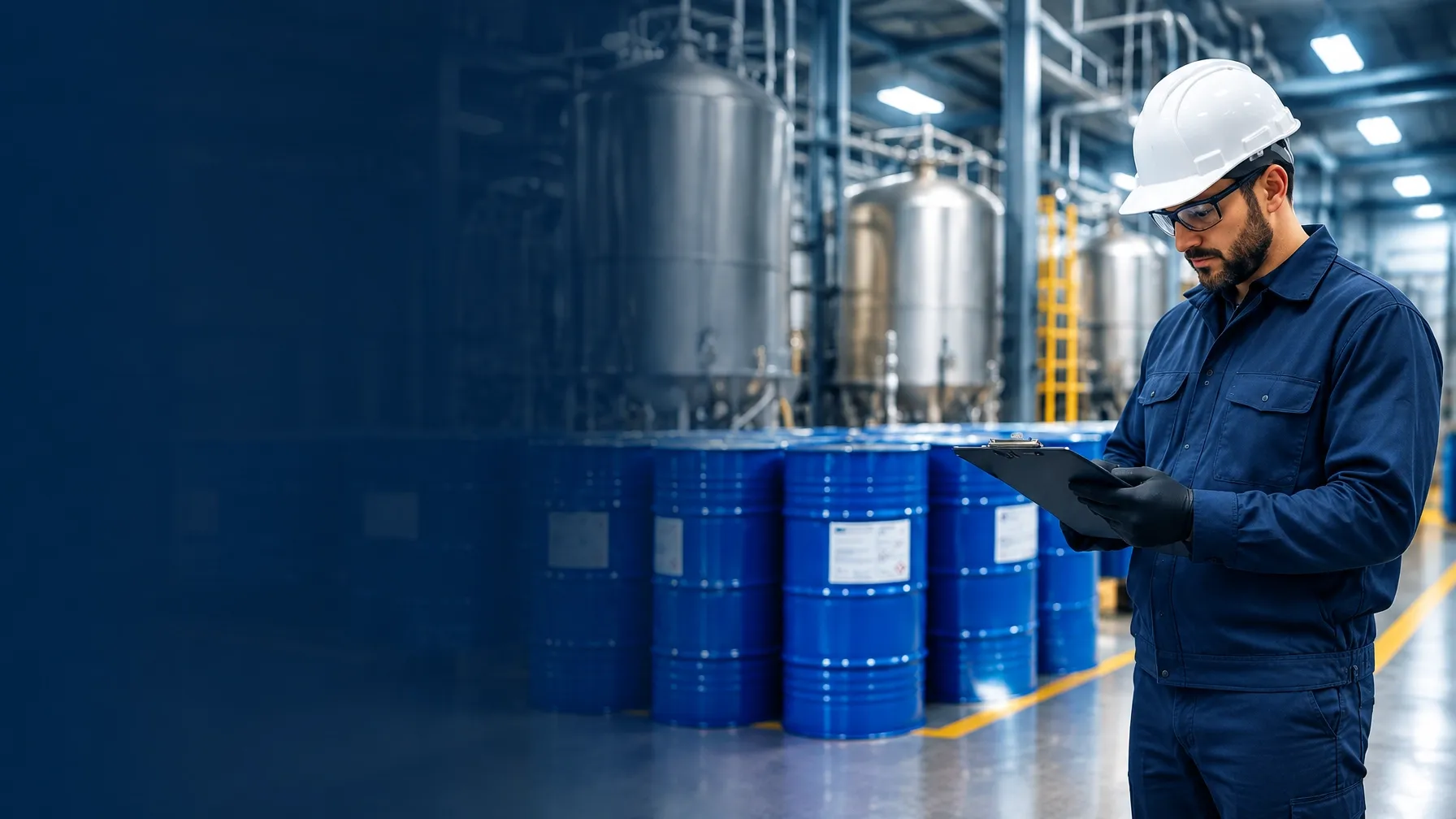 Maintenance professional inspecting chemical drums in an industrial facility